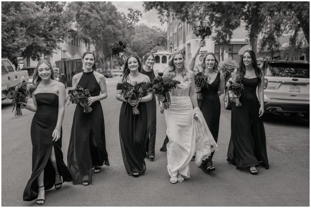 Bridal Party walking down a street in Savannah GA