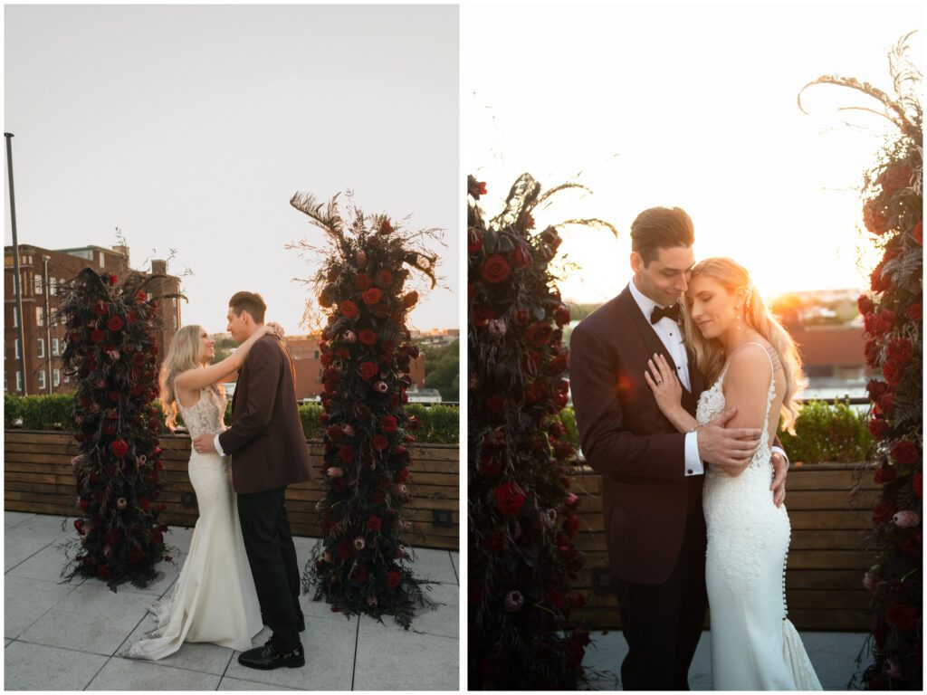 Bride and groom rooftop sunset photos