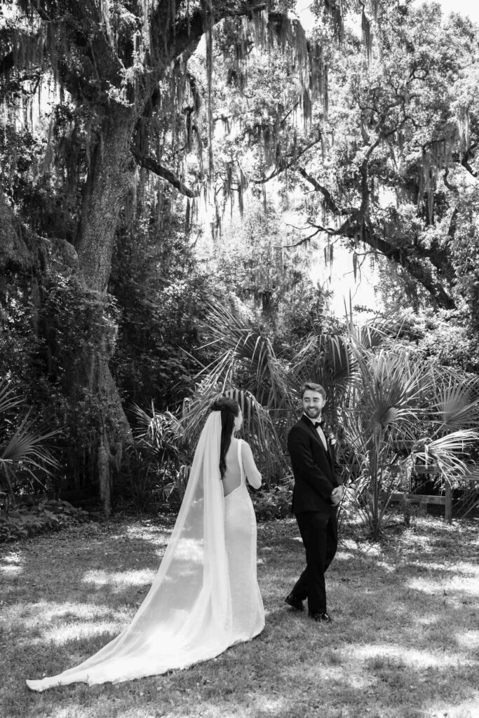 Groom turns to see his soon to be bride during first look