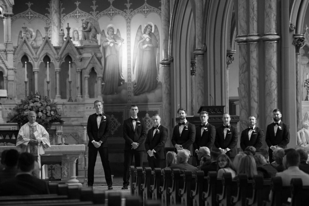 groom reaction first look Cathedral Basilica Savannah wedding